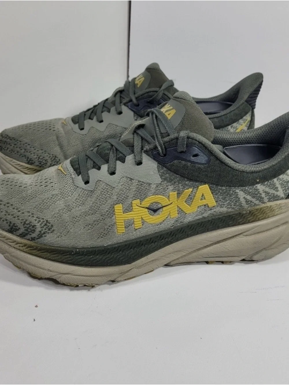 EUC Hoka Men's Sneakers in Grey, Olive Green with Yellow Logo Sz 9.5